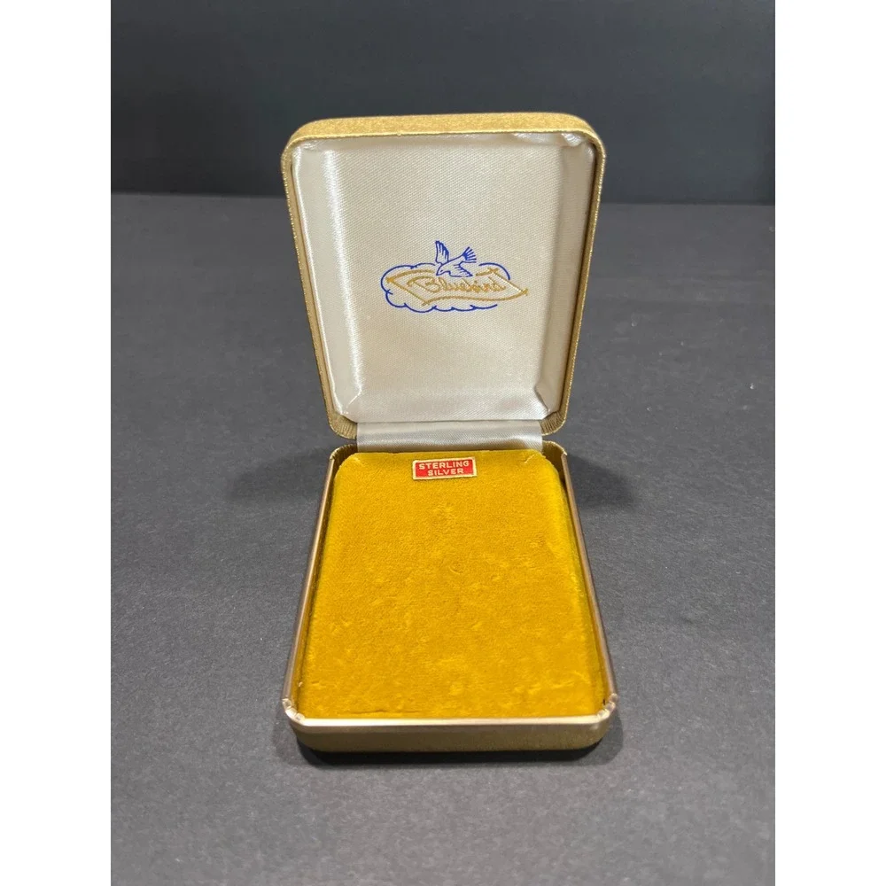 Vintage Bluebird Jewelry Box Gold Textured Clamshell Case Yellow Velvet Interior